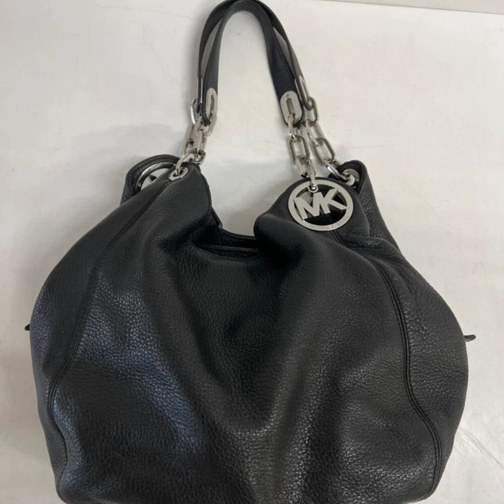 Michael Kors Large Black Pebbled Leather Chain Hobo Shoulder Bag Silver MK Charm